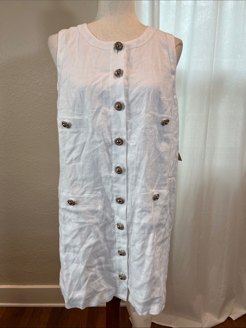 O.p.t. Sleeveless White Linen Mini Dress with Decorative Button Front. Sz 6 NWT